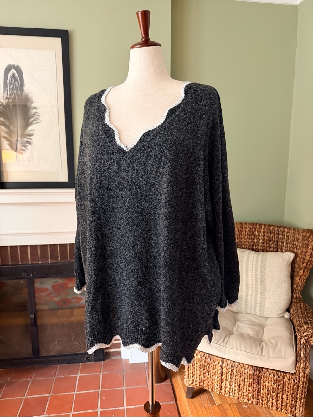 Bloomchic Charcoal Scalloped Contrast Trim V-Neck Sweater - Size 4X/26